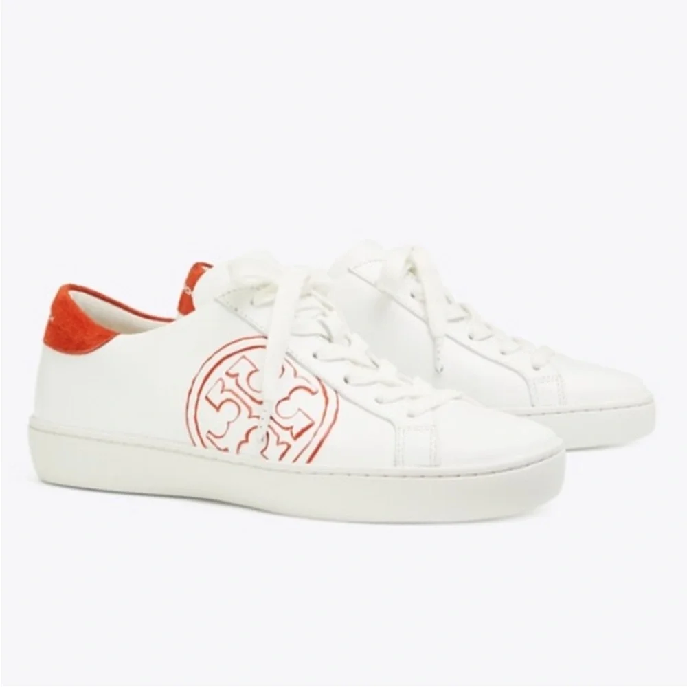 TORY BURCH NEW T-Logo Sneaker Leather Suede Trim Snow White/Canyon Orange SZ 9